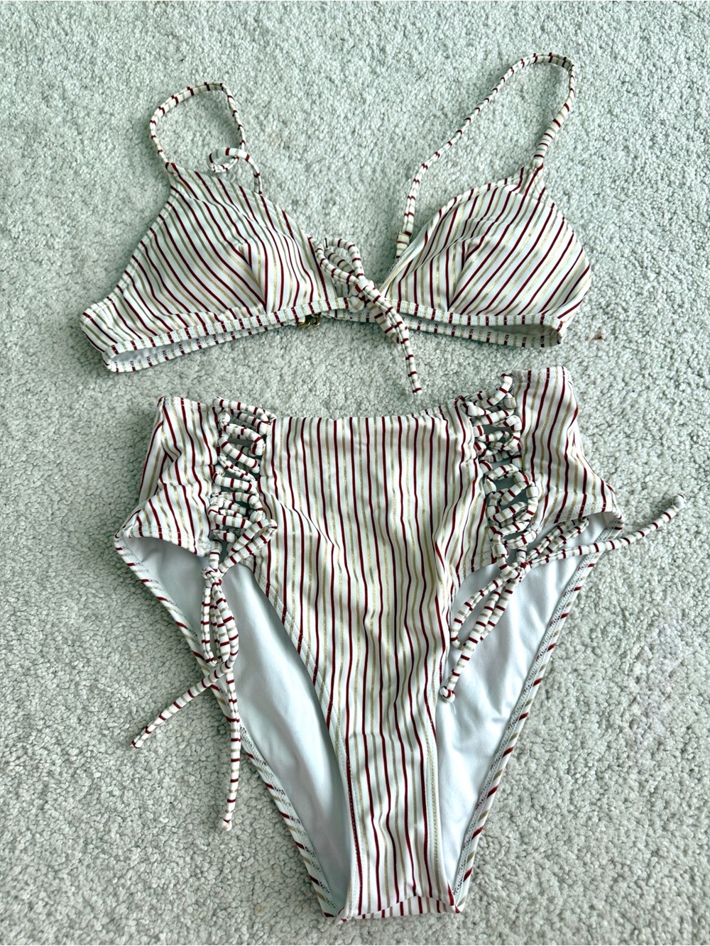 Striped High-Waist Bikini Set in Cream with Red & Gold Stripes